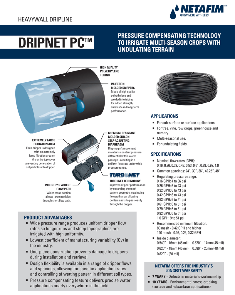 Orchard Valley Supply Netafim DripNet PC 620 Pressure Compensating Dripline, 1,000' Roll