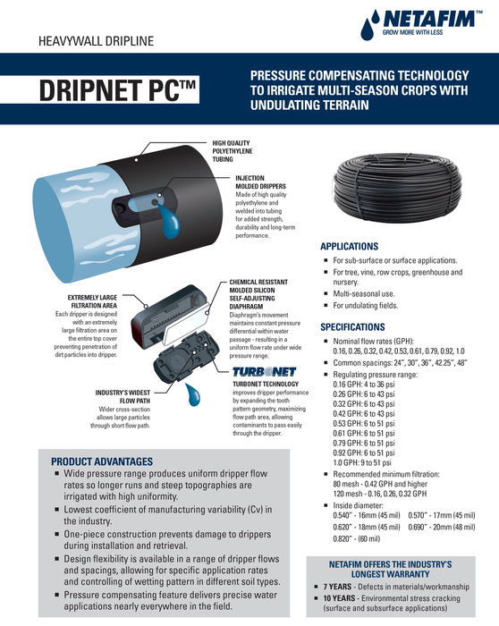 Netafim Drip Line Netafim DripNet PC 620 Pressure Compensating Dripline, 1,000' Roll